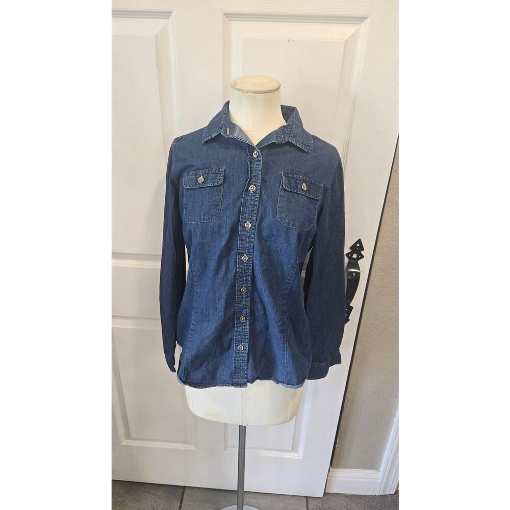 Pierre Cardin Womens Denim Button Down Shirt Dark Wash Long‎ Sleeve Size L